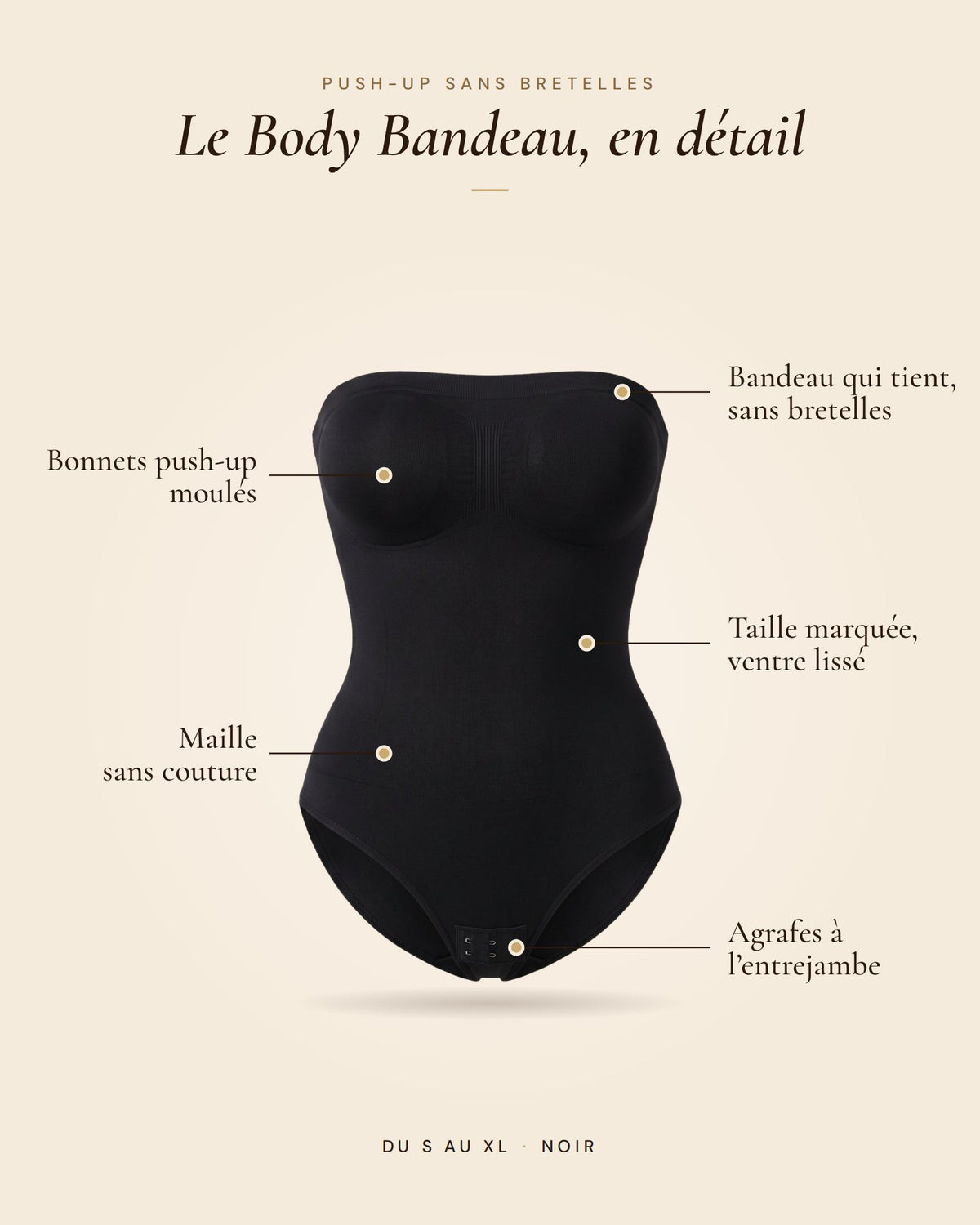 Le Body Bandeau Push-Up noir, les détails du body