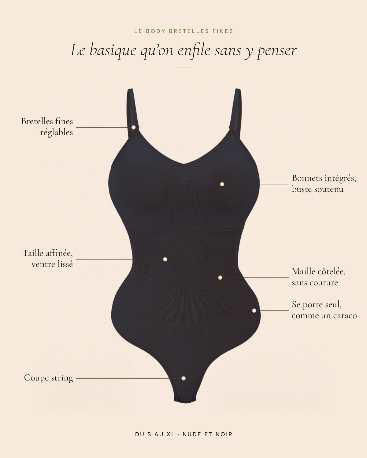 Le Body Bretelles Fines noir, les détails du body
