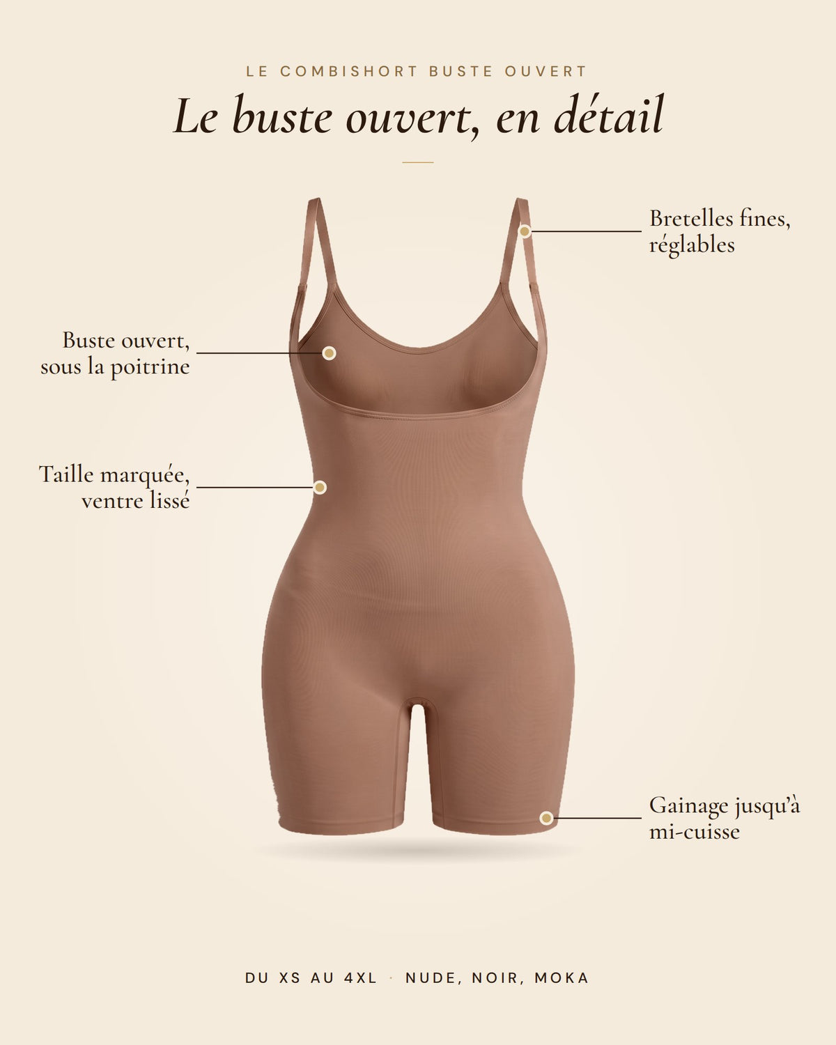 Le Combishort Buste Ouvert moka, les détails du combishort