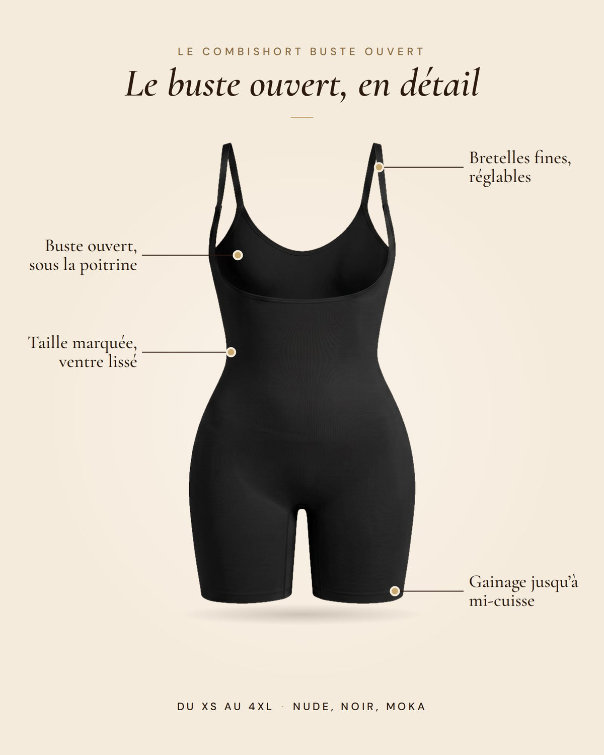 Le Combishort Buste Ouvert noir, les détails du combishort