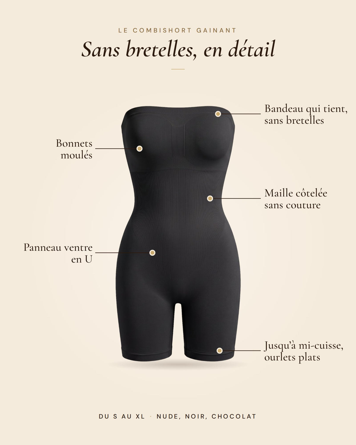 Le Combishort Sans Bretelles noir, les détails du combishort