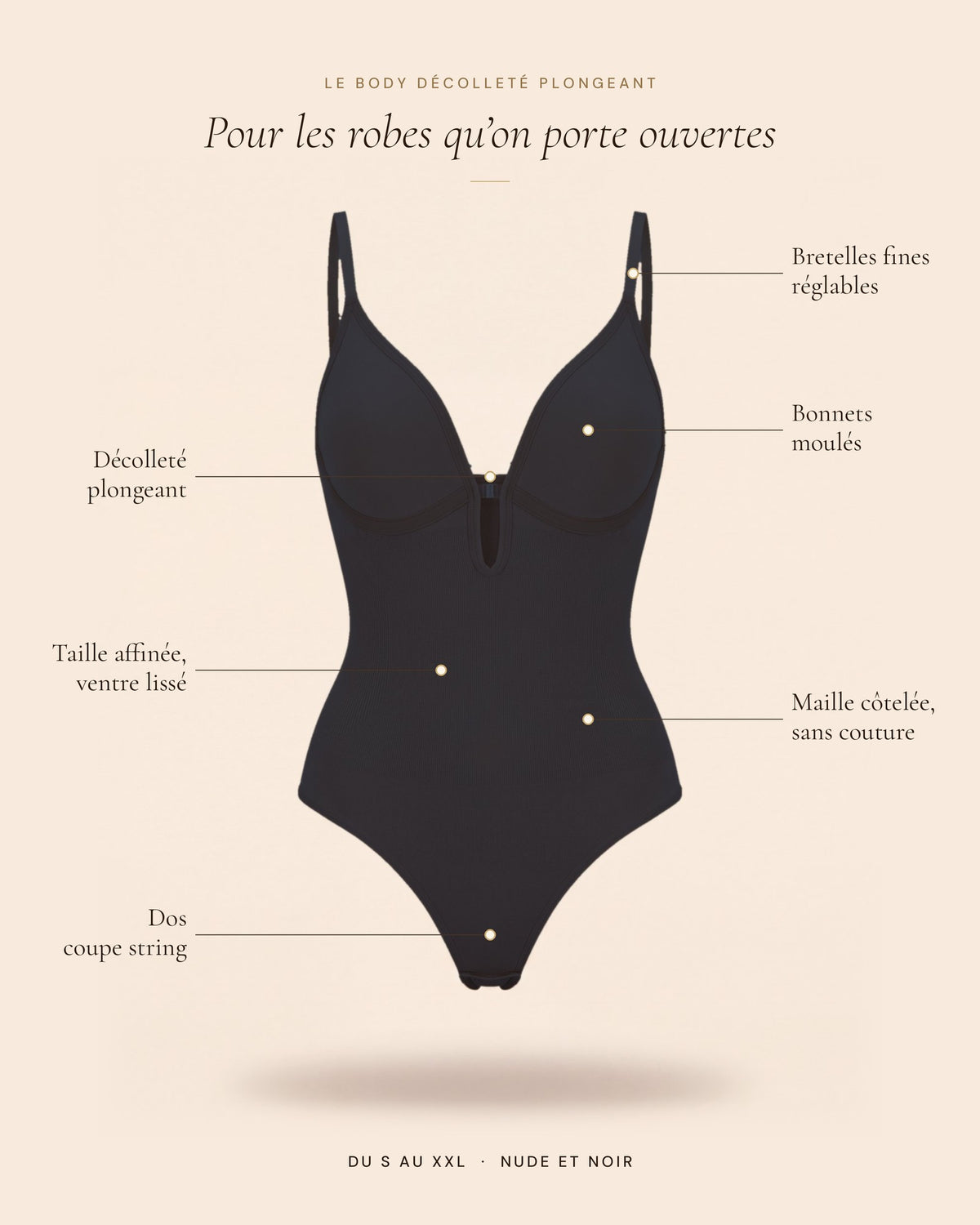 Le Body Décolleté Plongeant noir, les détails du body