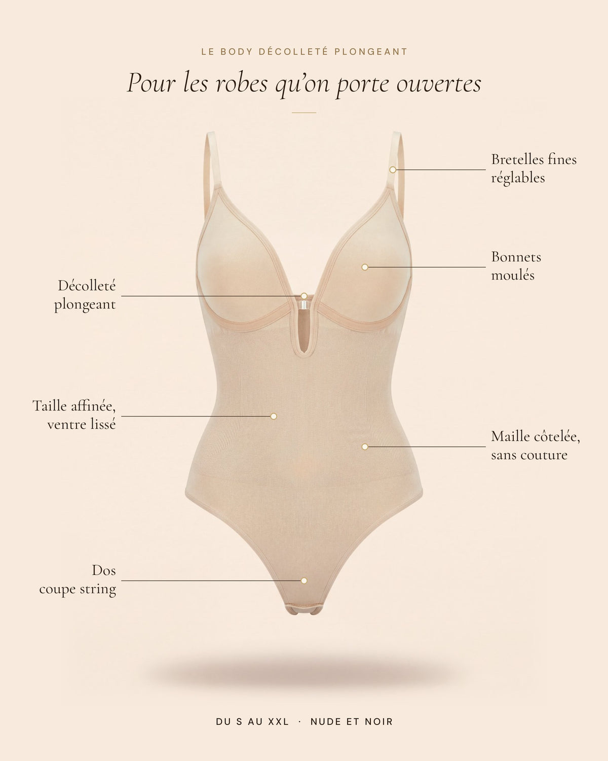 Le Body Décolleté Plongeant nude, les détails du body