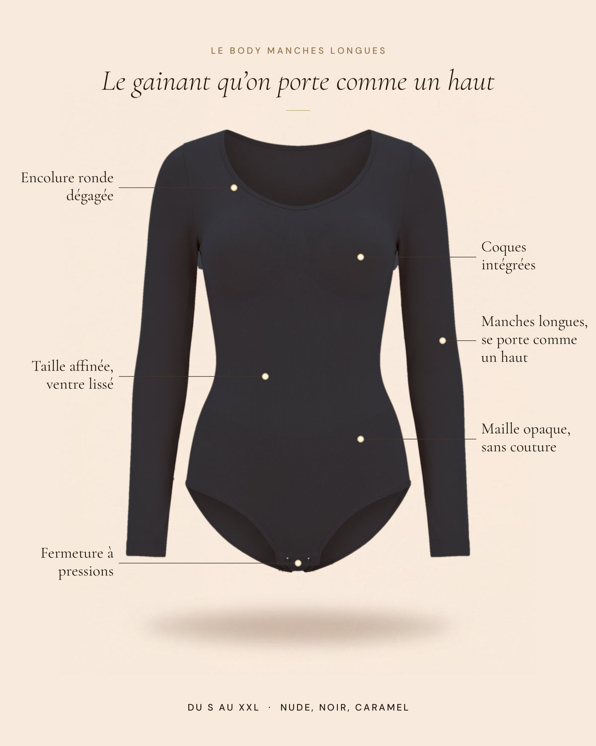 Le Body Manches Longues noir, les détails du body