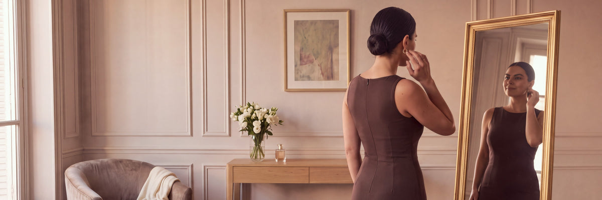 Une femme en robe ajustée chocolat met sa boucle d'oreille et se sourit dans un grand miroir doré, dans une chambre parisienne