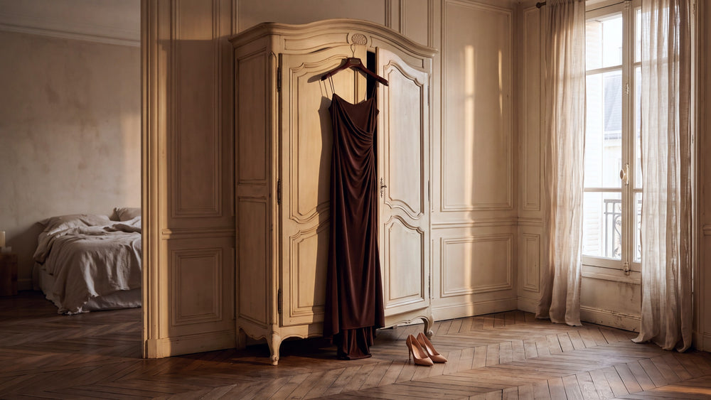 Une robe du soir chocolat suspendue à la porte d'une armoire, des escarpins nude posés au sol, dans la lumière du soir