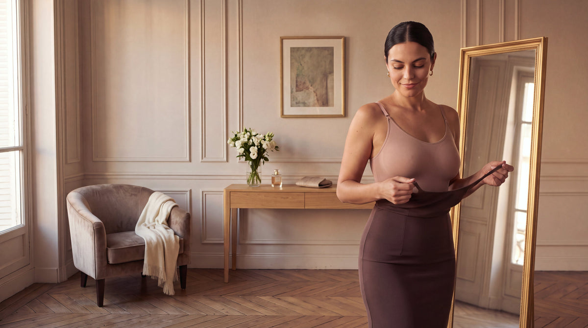 Une femme en Body Sculptant Essentiel nude enfile sa robe du soir ajustée, dans une chambre parisienne