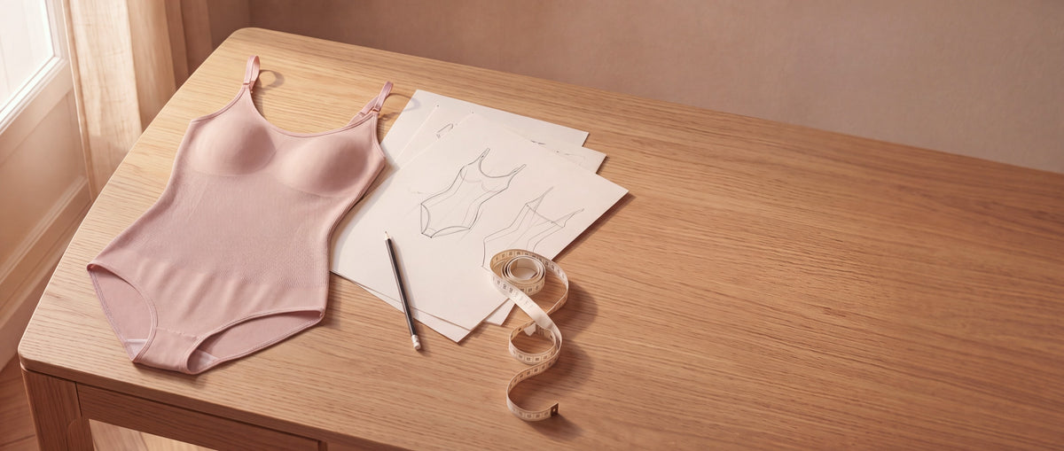 Le Body Sculptant Essentiel nude posé à plat sur une table, à côté de croquis et d'un mètre ruban