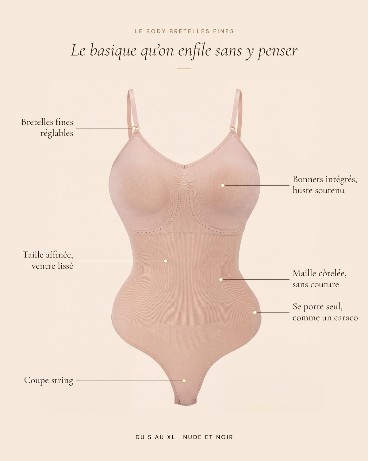 Le Body Bretelles Fines nude, les détails du body