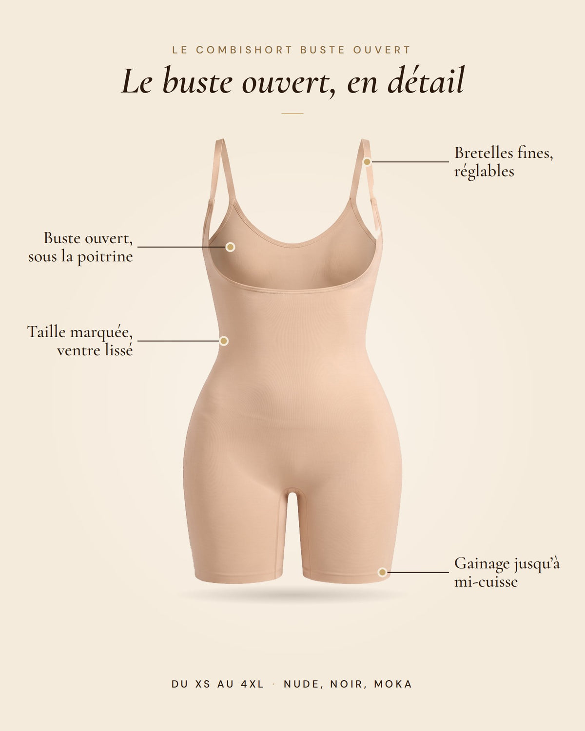 Le Combishort Buste Ouvert nude, les détails du combishort