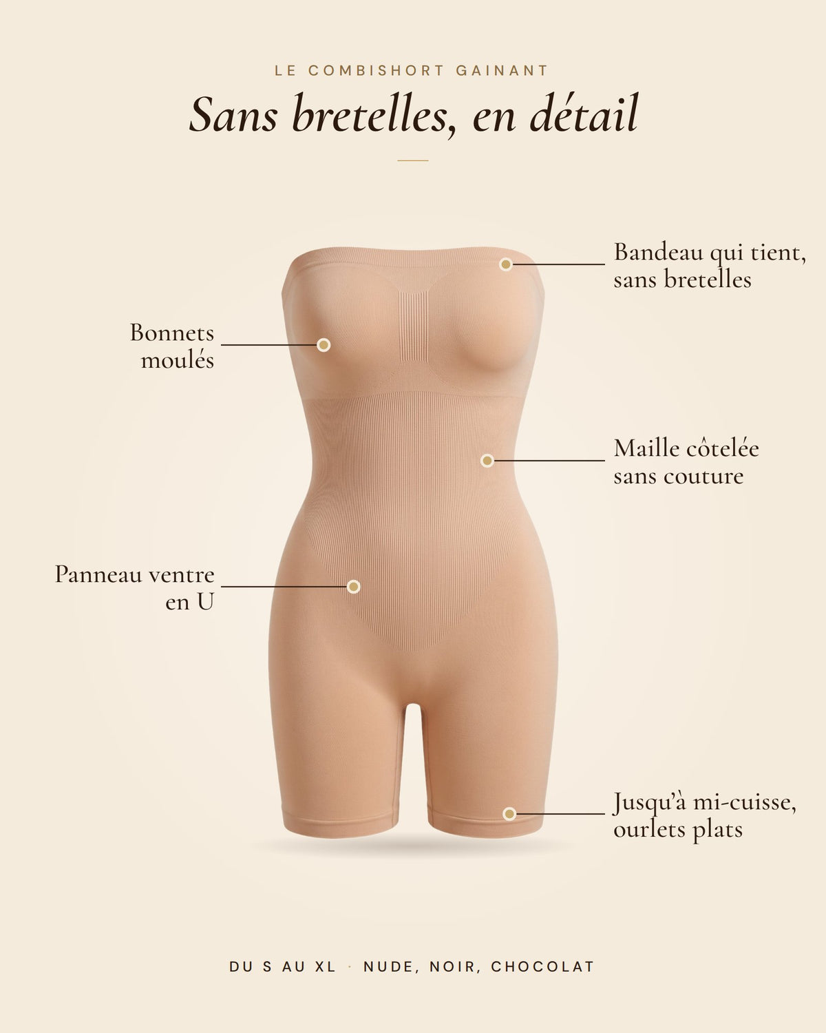 Le Combishort Sans Bretelles nude, les détails du combishort