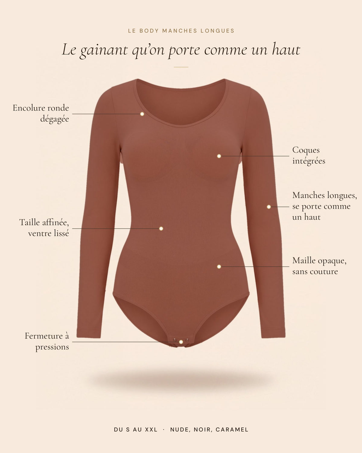 Le Body Manches Longues caramel, les détails du body