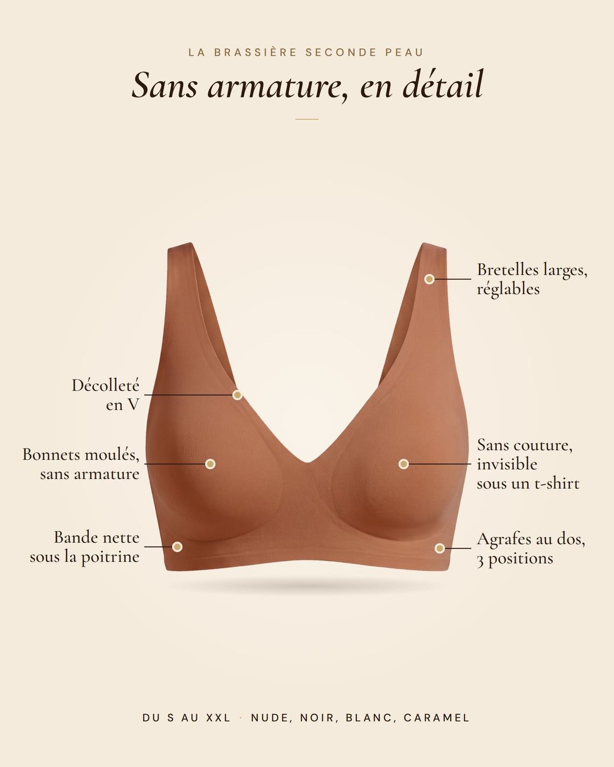 La Brassière Seconde Peau caramel, les détails de la brassière