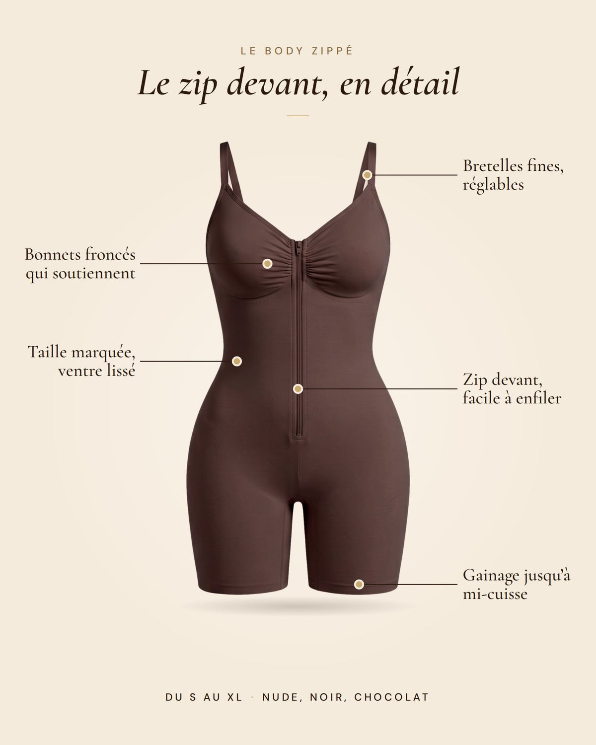 Le Body Zippé chocolat, les détails du body